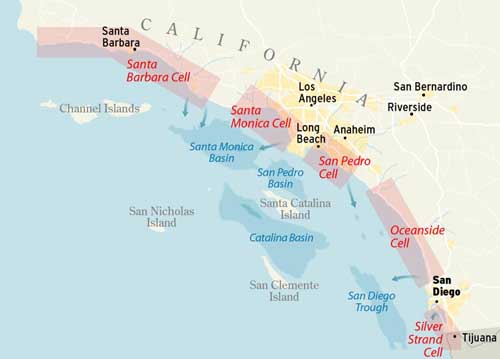 Map of 5 littoral cells in southern California - Santa Barbara, Santa Monica, San Pedro, Oceanside, and Silver Strand.